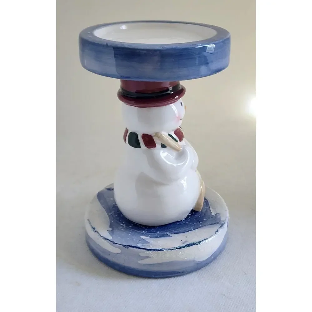 Home Interiors Snowman Pillar Candle Holder Ceramic Christmas Winter Decor 6